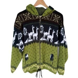 Andino Artesanias Medium Zip Wool Cardigan Lama Alpacas Green Hoodie Casual